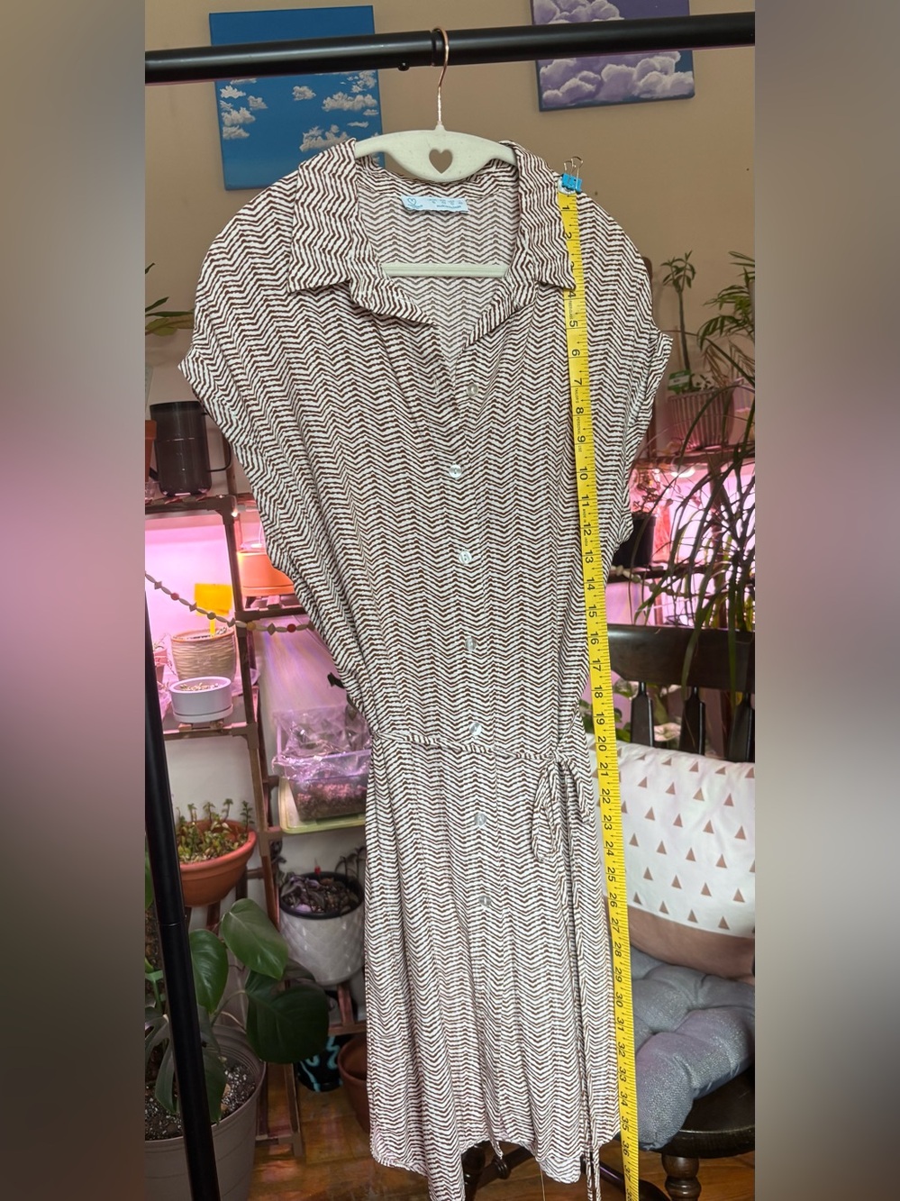 Button-Front Chevron Print Shirt Dress in Brown & Cream